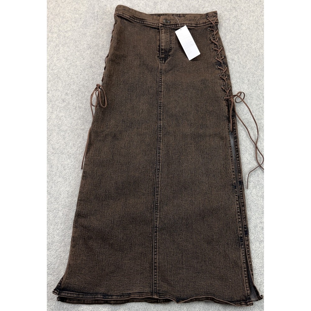 NWT Silence + Noise Womens Calie Lace Up Midi Skirt Brown Denim Y2K Western XS